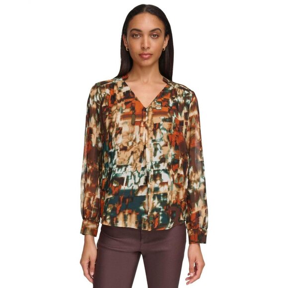 NWT Calvin Klein Women's Printed V-Neck Top M3HAZ619 S Coffee Bean Multi Brown - Picture 1 of 9